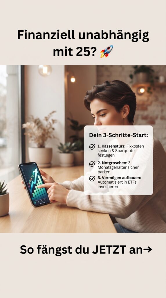 Infografik und Person mit Smartphone und dem Text ‚Dein 3-Schritte-Start: 1. Kassensturz, 2. Notgroschen, 3. Vermögen aufbauen‘ zur Haushalts-Prozessoptimierung